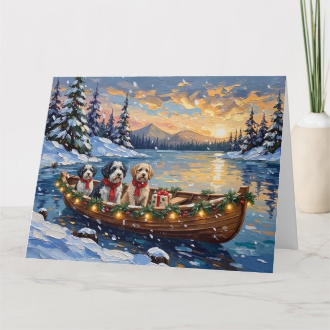 Old English Sheepdog Christmas Boat Holiday Kort (Framsida)