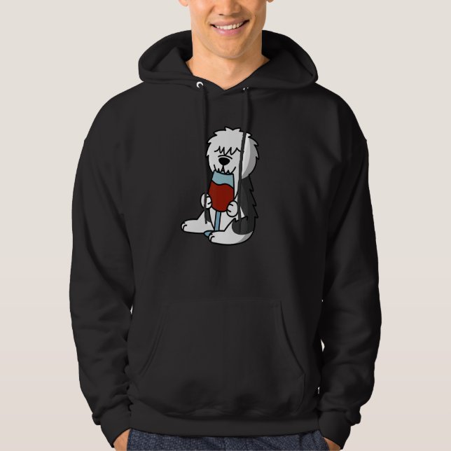 Old English Sheepdog Drinking Wine Dog Hoodie (Framsida)
