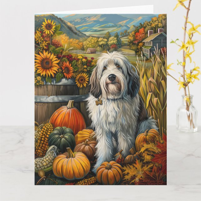 Old English Sheepdog Höstskörd Tacksägelse Kort (Gul blomma)