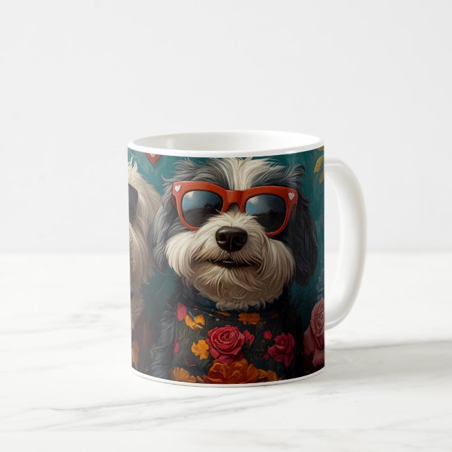 Old English Sheepdog med rosor Alla hjärtans dag Kaffemugg (Framsida höger)