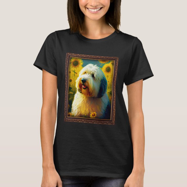 Old English Sheepdog Painting Sunflower Flower Mom T Shirt (Framsida)