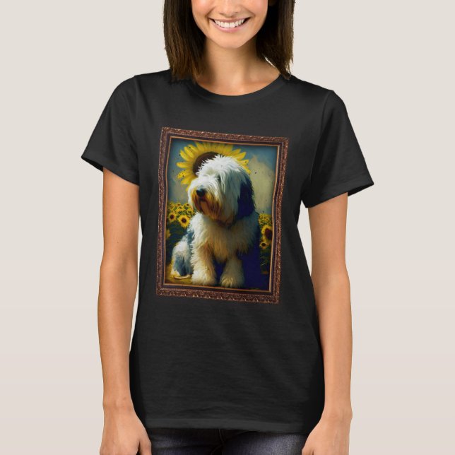 Old English Sheepdog Painting Sunflower Flower Mom T Shirt (Framsida)