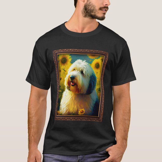 Old English Sheepdog Painting Sunflower Flower Mom T Shirt (Framsida)