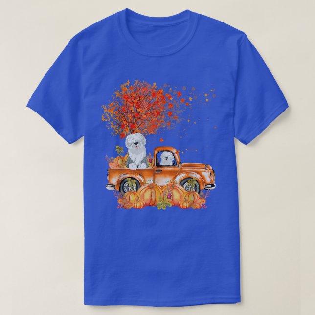 Old English Sheepdog Riding Truck Pumpkin Autumn L T Shirt (Design framsida)