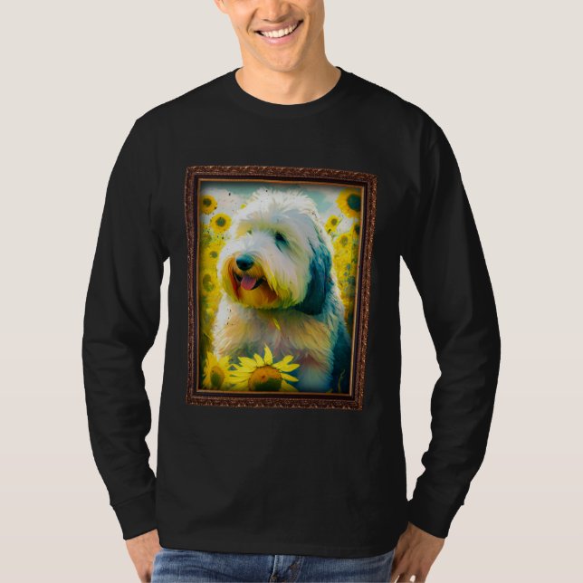 Old English Sheepdog Sheepie Painting Sunflower Fl T Shirt (Framsida)