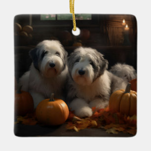 Old English Sheepdog Valp Höstglädje Pumpa Julgransprydnad Keramik