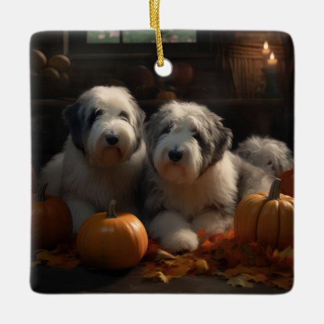 Old English Sheepdog Valp Höstglädje Pumpa Julgransprydnad Keramik (Framsida)