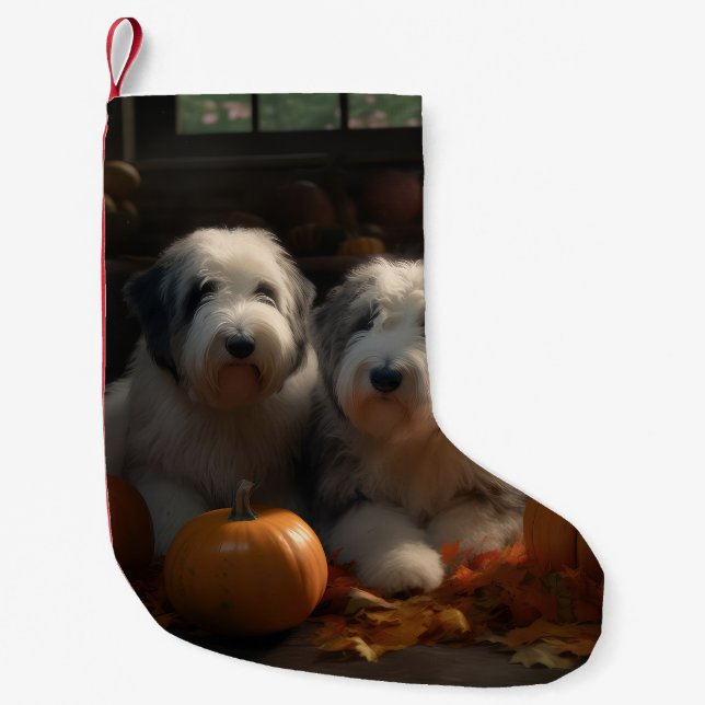 Old English Sheepdog Valp Höstglädje Pumpa Liten Julstrumpa (Framsidan)