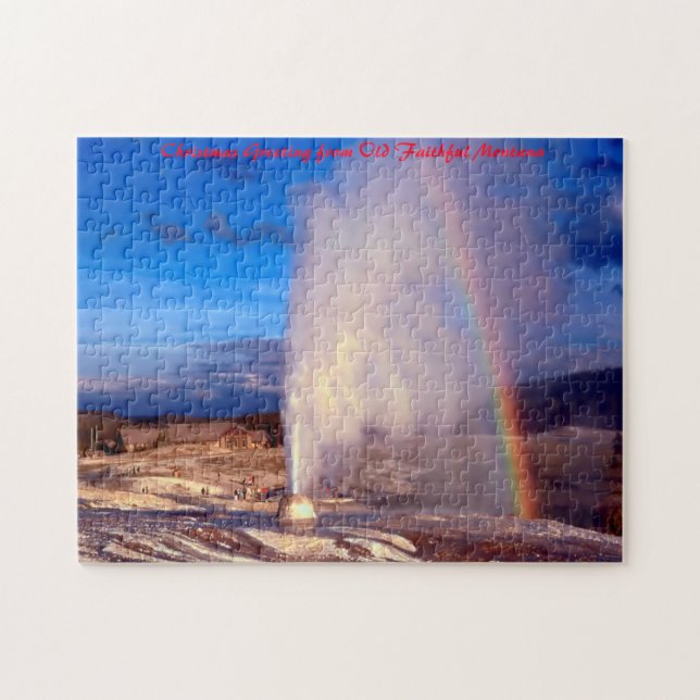 Old Faithful gejser Yellowstone. Julhälsning Pussel (Horisontell)