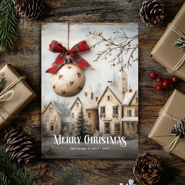 Old Fashioned Watercolor Red White Christmas Scene Julkort (Old Fashioned Watercolor Red White Christmas Scene Holiday Card)