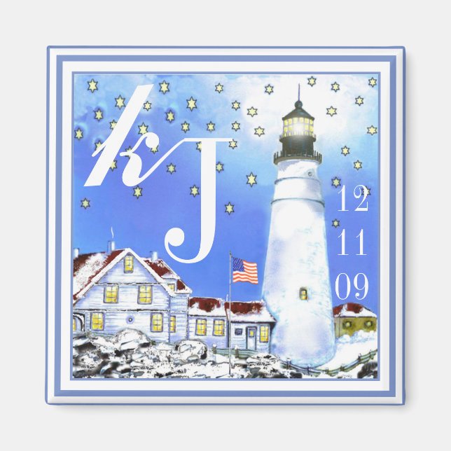 Old glory flygande ljus vid Portland Head Light Magnet (Framsidan)