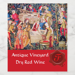 OLD GRAPE VINEYARD HARVEST RED VAX SEAL MONOGRAM VINFLASKA ETIKETT