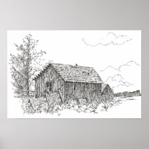 Old House Black White Bläck Pen Teckning Poster