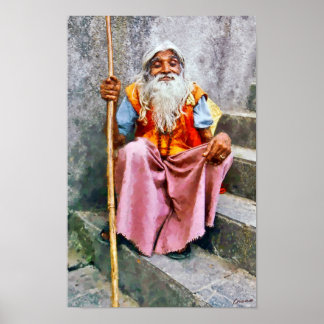 Old Indian Man With Staff Poster