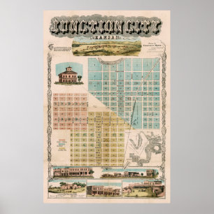 Old Junction City Kansas Karta (1870) Vintage KS Poster