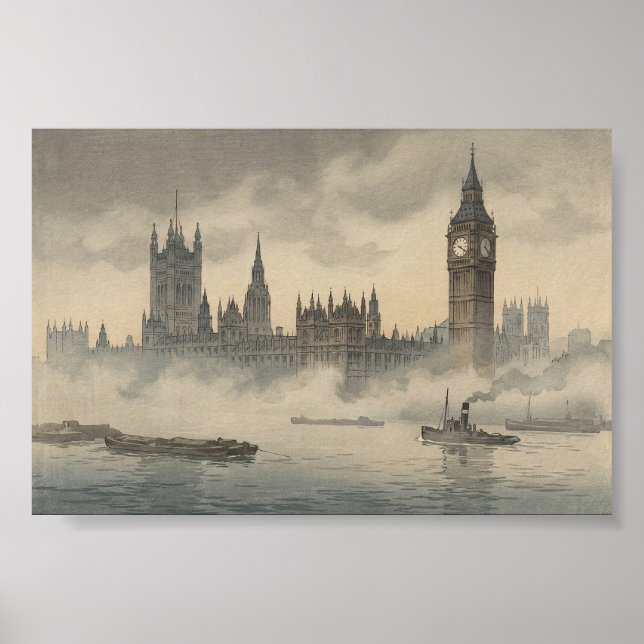 Old London in the Mist Japanese Woodblock Print Poster (Framsidan)