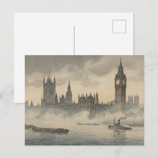 Old London in the Mist Japanese Woodblock Print Vykort (Fram/baksida)