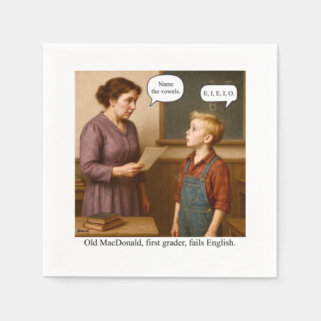 Old MacDonald, first grader, fails English. Pappersservett (Framsidan)