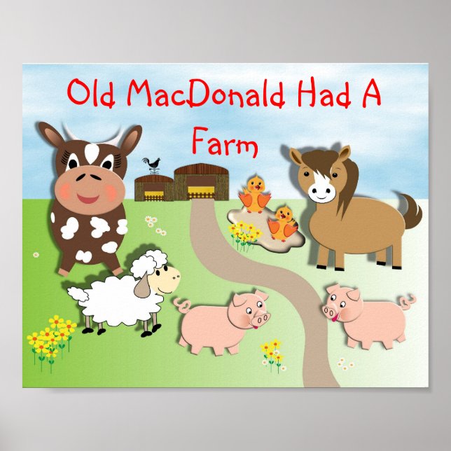 Old MacDonald Had A Farm Söta Barn Djur Bild Poster (Framsidan)
