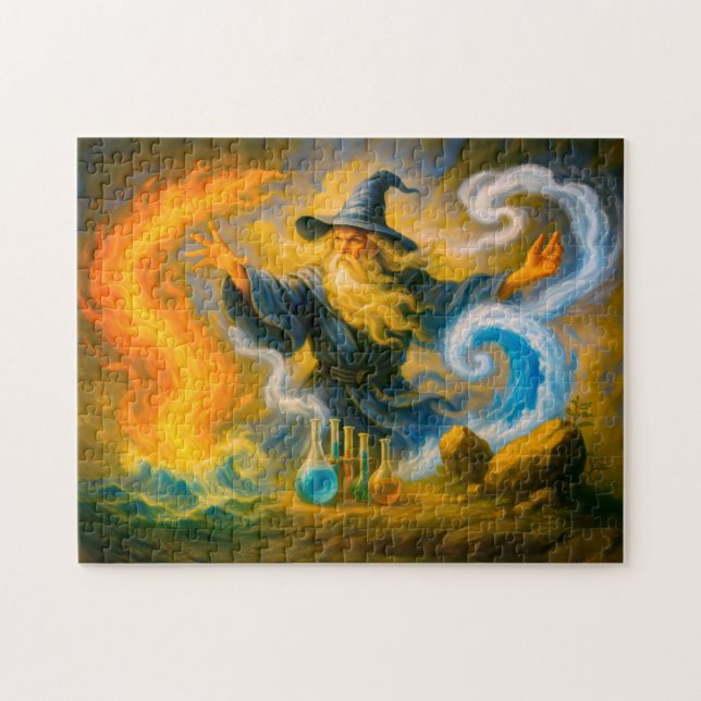 Old mage mastering the four elements in oil pussel (Horisontell)