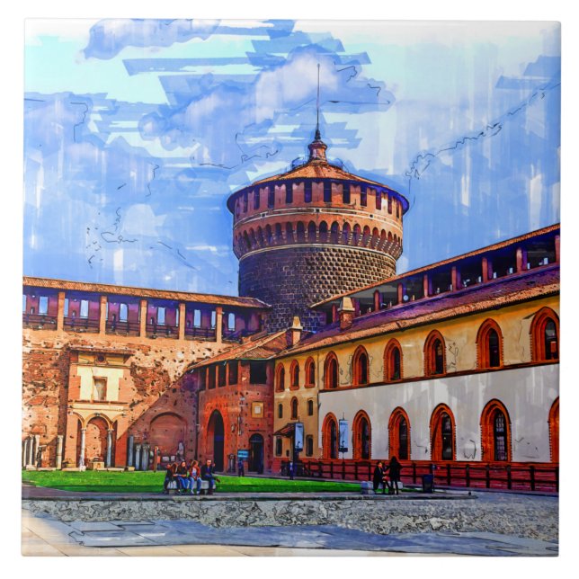 Old medieval Sforza Castle, Milano, Italien. Kakelplatta (Framsidan)