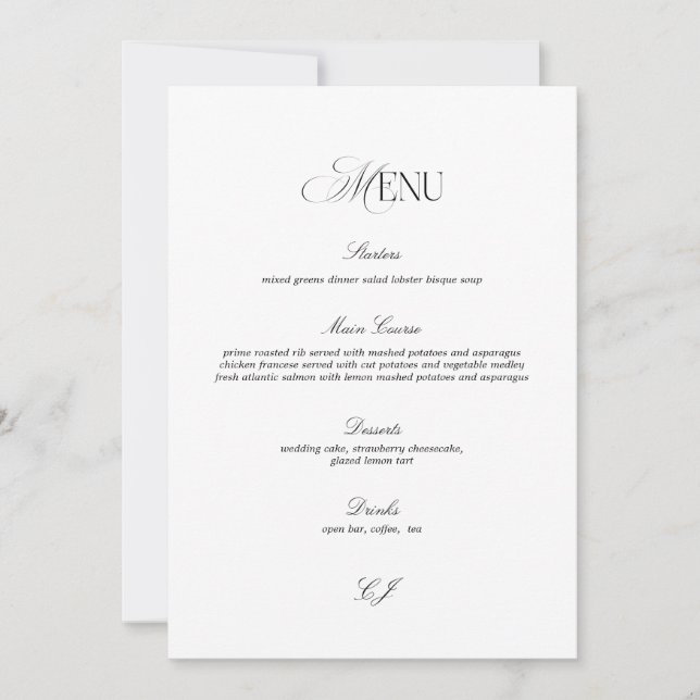 Old Money Black and White Wedding Menu Card Inbjudningar (Framsida)