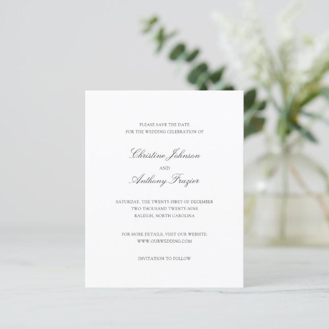 Old Money Black and White Wedding Save the Date (Stående Fram)
