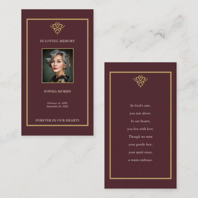 Old Money Burgundy Funeral Prayer Card Visitkort (Fram/baksida)