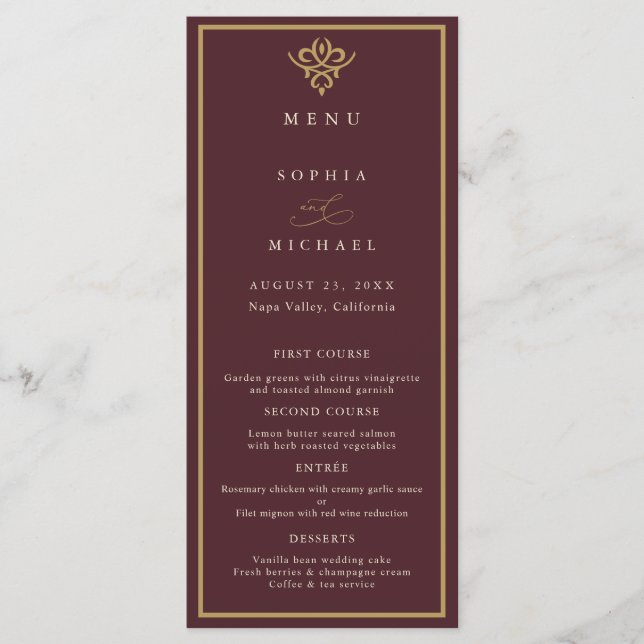 Old Money Burgundy Wedding Flat Menu Meny (Framsida)