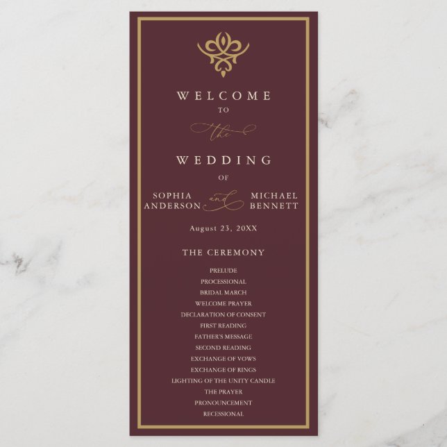 Old Money Burgundy Wedding Program (Framsida)