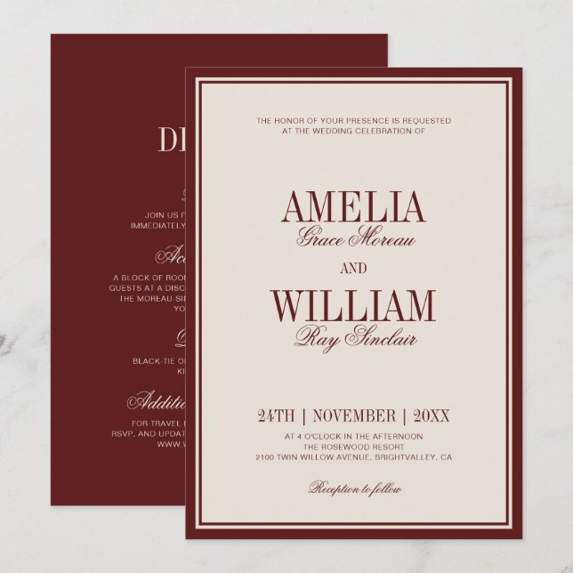 Old Money Classy Timeless Burgundy Wedding Inbjudningar (Fram/baksida)