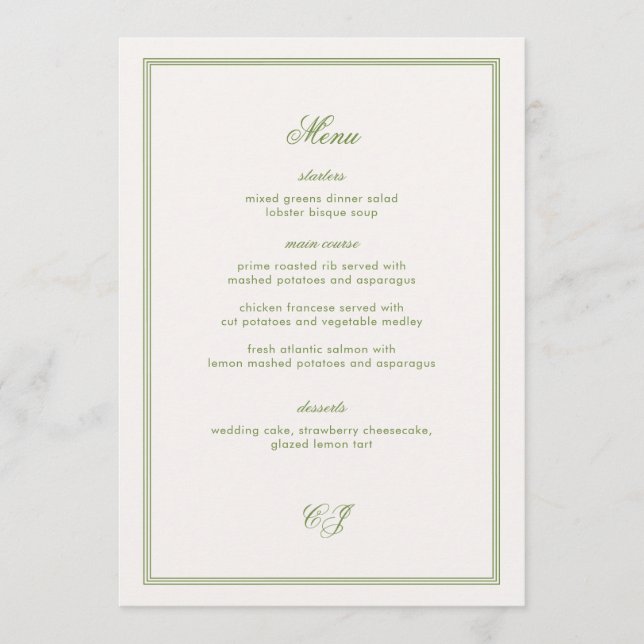 Old Money Green Wedding Menu Card Inbjudningar (Framsida)
