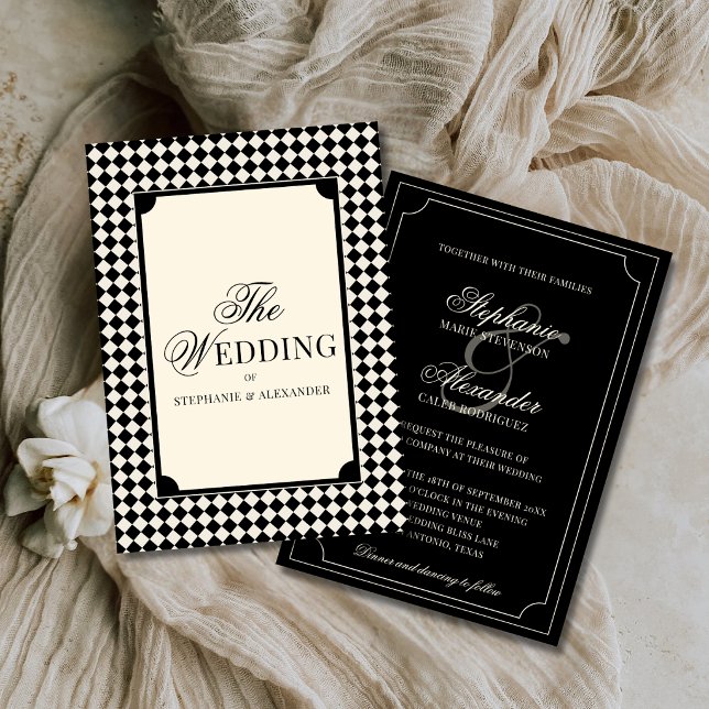Old Money Luxury Black & Ivory Checkered Wedding Inbjudningar (Skapare uppladdad)