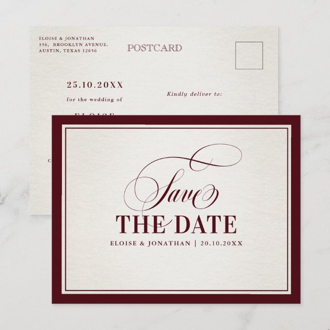 Old Money Modern Burgundy Luxury Save the date     Vykort (Fram/baksida)