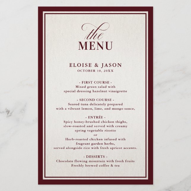 Old Money Modern Formal Burgundy Wedding Menu (Framsida)
