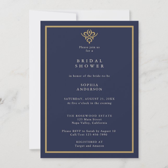 Old Money Navy Blue  Bridal Shower Invitation Inbjudningar (Framsida)