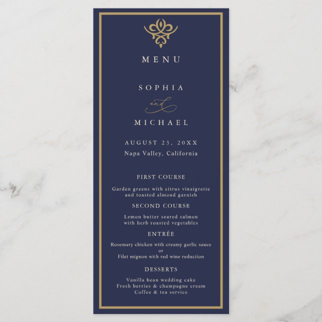 Old Money Navy Blue Wedding Flat Menu Meny (Framsida)