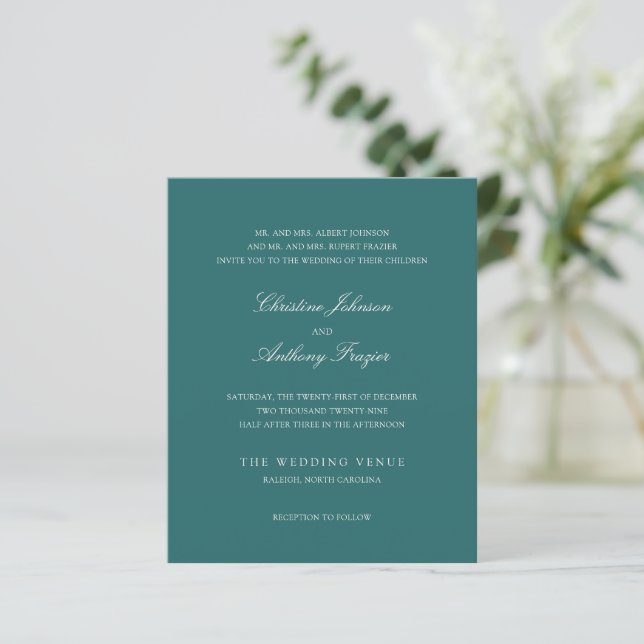 Old Money Teal Classic Wedding Invite (Stående Fram)