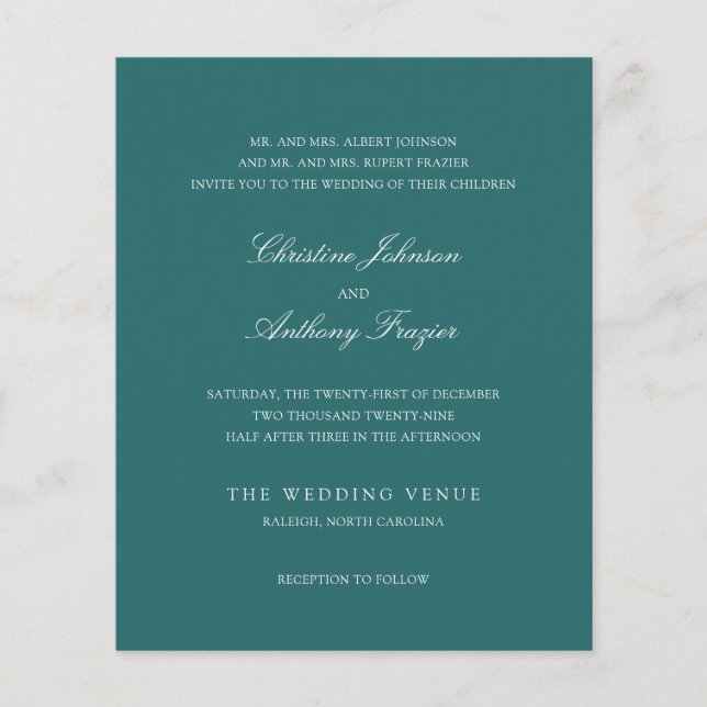 Old Money Teal Classic Wedding Invite Flygblad (Framsidan)