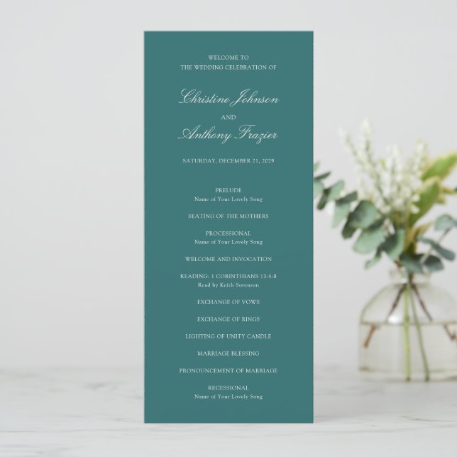 Old Money Teal Classic Wedding Program (Stående Fram)