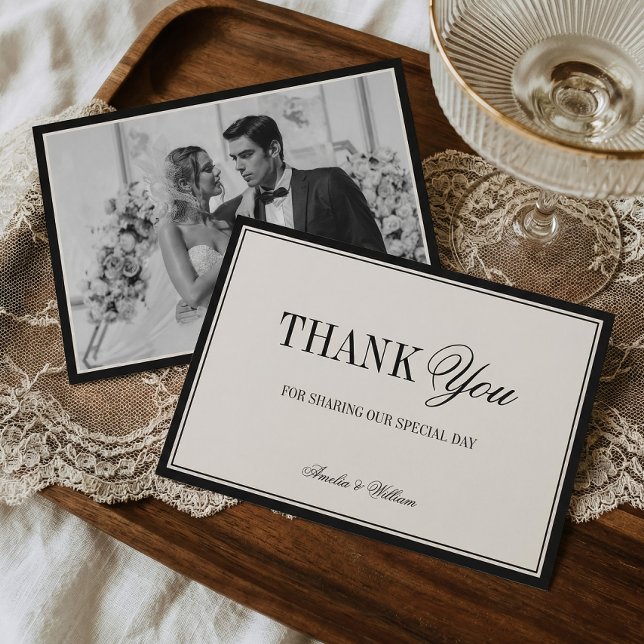 Old Money Timeless Black Cream Wedding Photo Tack Kort (Skapare uppladdad)