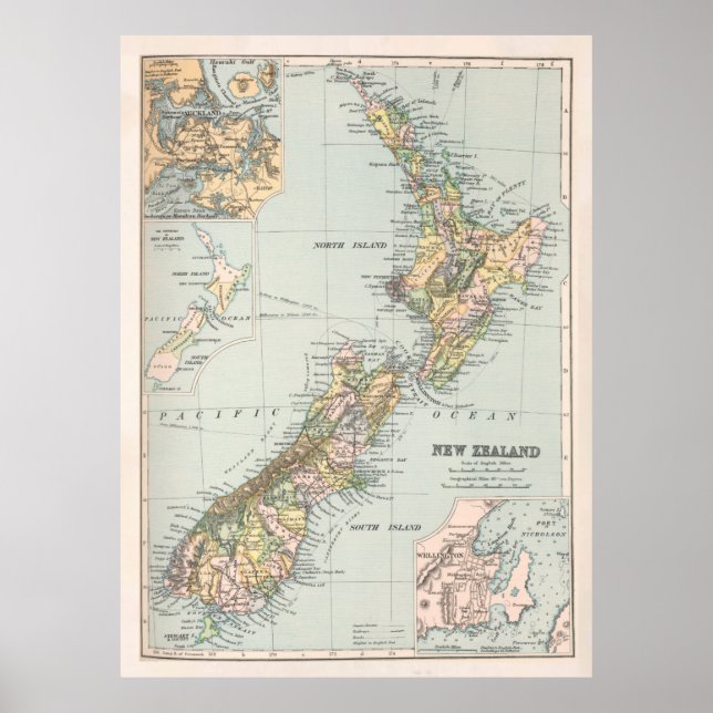 Old New Zealand Karta (1892) New Zealander Poster (Framsidan)