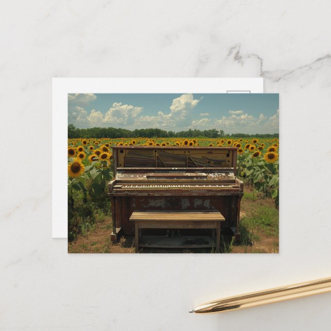 Old Piano in Sunflowers Vykort (Fram/Back In Situ)