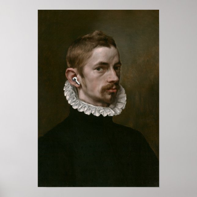 Old portrait of male with ear buds. poster (Framsidan)