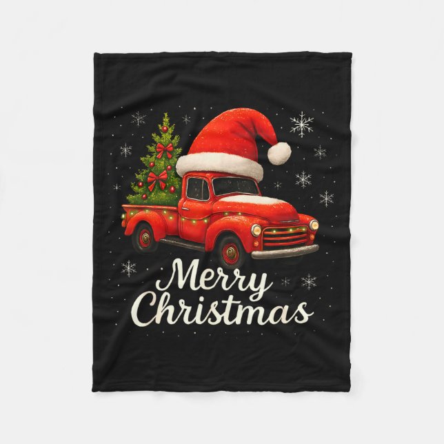 Old Red Truck Santa Hat Xmas Tree Merry Christmas  Fleecefilt (Framsidan)