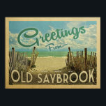 Old Saybrook Beach Vintage resor Poster<br><div class="desc">I den här Hälsning-vintagen från gamla Saybrook-vykort finns en sandstrand med vackra turkoshavet vatten och över havet,  ett blå himmel med giftiga vita moln. I vintage resor stil.</div>