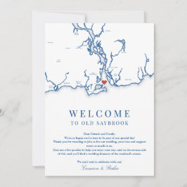 Old Saybrook Bröllop Welcome Itinerary Navy Blue Tack Kort