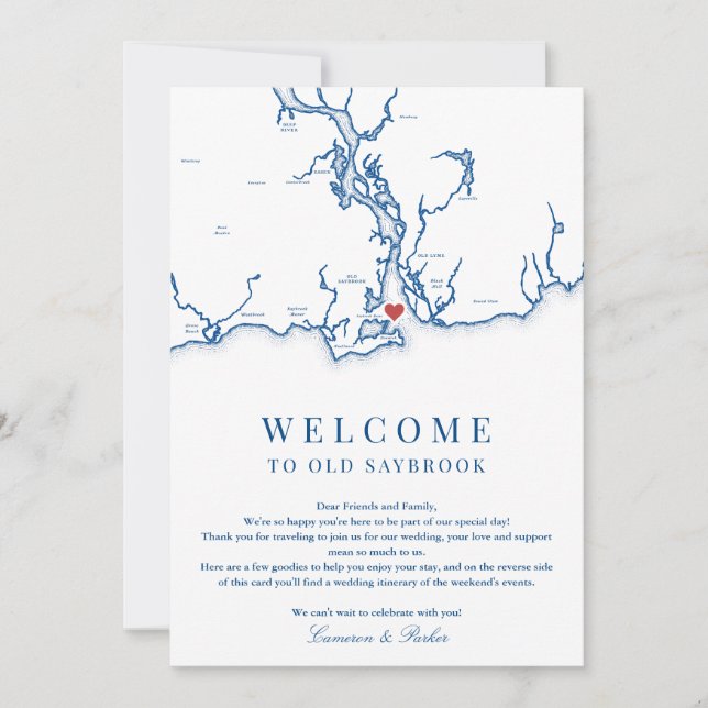 Old Saybrook Bröllop Welcome Itinerary Navy Blue Tack Kort (Framsida)