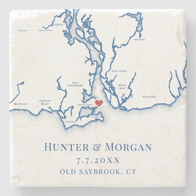 Old Saybrook CT Karta Navyblå Bröllop Stenunderlägg (Framsidan)