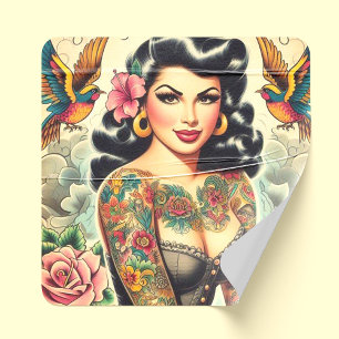 Old school Inked Girl Fyrkantigt Klistermärke